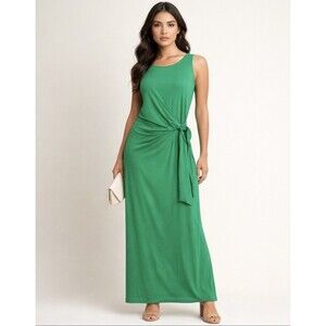 Lands End Green Maxi Dress M 10-12 Sleeveless Tie Waist Stretch Minimalist Boho